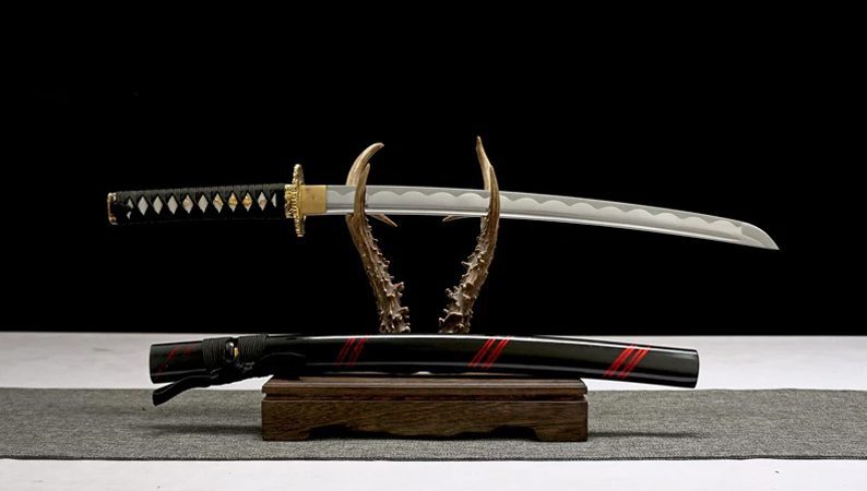 KATANA Wakizashi in acciaio damasco nero - Spada di riserva tradizionale  giapponese